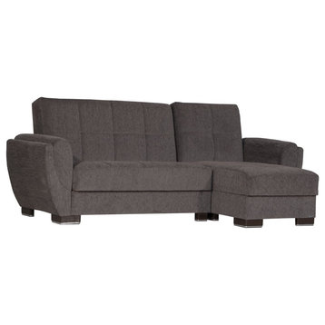 L-Shaped Sleeper Sofa, Curved Padded Arms, Gray Chenille