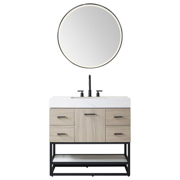Toledo Vanity, White Stone Sink Top, Light Walnut, 36", With Mirror