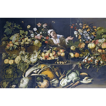 Tile Mural Interior With Fruits Vegetables Flowers, Ceramic Matte
