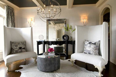 Mid-sized transitional dark wood floor and brown floor foyer photo in Jackson with beige walls