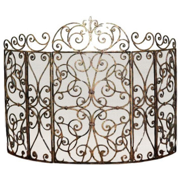 Ornate French Scroll Curved Gold Iron Fireplace Screen Vintage Style
