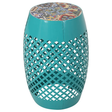 Vivaan Outdoor Lace Cut Side Table With Tile Top, Teal/Multi-Color