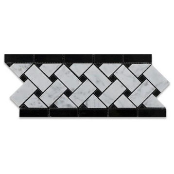 1"x12" White Basketweave Border Listello, Black, Polished, Set of 50