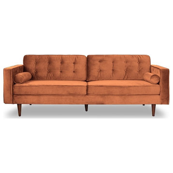 Kearney Mid-Century Modern Tufted Tight Back Velvet Upholstered Sofa in Orange