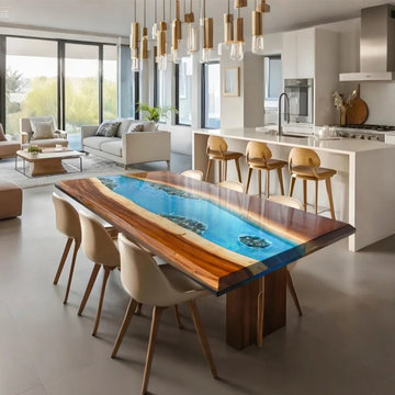 Custom Ocean Wave Epoxy Table-Walnut Blue Pebble Wave Resin Table