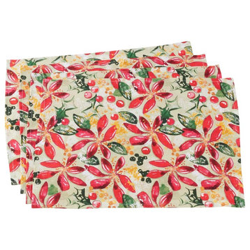 Holiday Floral Linen Placemats , Wild Poinsettia, 14"x20" Placemat, Set of 4