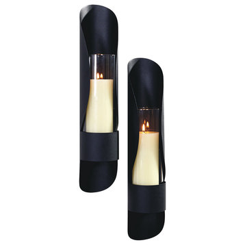 4x19" Set of 2 Bold III Candle Wall Sconce Holder With Glass Black Metal