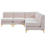 Meridian Furniture - Alina Velvet Modular L-Shaped Modular Sectional, Pink, 5-Piece: 4 Armless Chair, 1 Corner Chair - Bring modern beauty to your space with the addition of this Alina Velvet Modular sectional. This beautiful sectional features deep channel tufting to ramp up its visual interest and add to its resilient demeanor. Its soft Pink velvet upholstery blends nicely with existing elements in your room and is sleek to the touch, making this seat a super comfortable one. Part of the modular Alina collection, this sectional has a latch that attaches it to other pieces to create your custom seating arrangement.