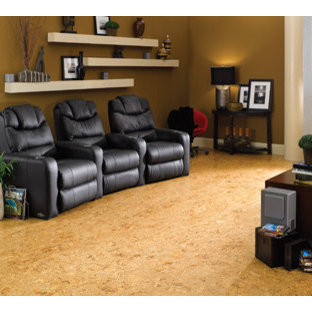 Design ideas for a medium sized traditional enclosed home cinema in Boston with brown walls, cork flooring and a built-in media unit.