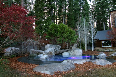 Country backyard custom-shaped infinity pool in Sacramento with natural stone pavers.