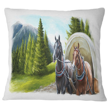 Road in Mountains with Horses Landscape Printed Throw Pillow, 16"x16"