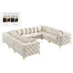 Meridian Furniture - Tremblay Velvet Upholstered 8-Piece Modular U-Shaped Sectional, Cream - Lean back and relax on this Tremblay sectional. Featuring soft cream velvet upholstery with deep button tufting, this sectional adds a bold touch to any living space. A complete set of gold and chrome legs are included, so you can change it up to suit your home decor. This sectional is modular, so you can create infinite configurations with it, which are easily attached using the latch underneath the frame. Its contemporary design is perfect for the modern home.