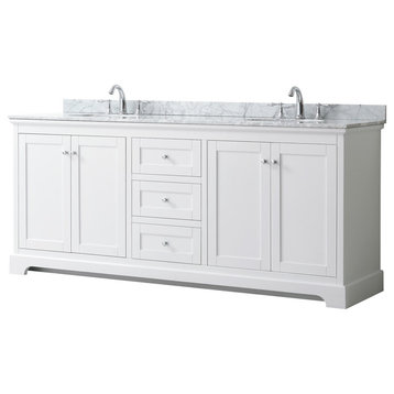 80" Double Bathroom Vanity, White, Carrara Marble Countertop, Sinks, No Mirror