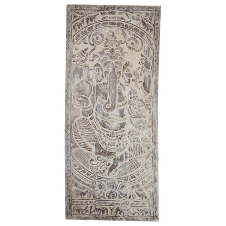 Consigned Vintage Whitewashed Ganesha Barn Door, Ganesha Wall Sculpture