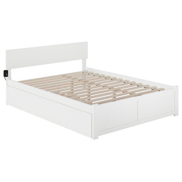Pemberly Row Modern Wood Queen Bed with Footboard/Trundle in White