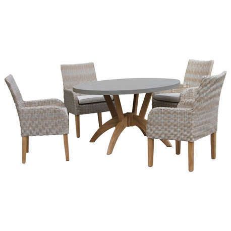 5-Piece Nautical Teak, Ash Gray Wicker Round Dining Set, Sunbrella