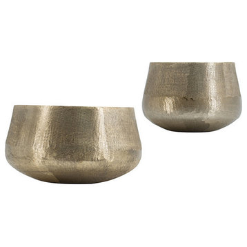 Set Of 2 Metal Bowls, Seude Gold Finish, Curved Shape, Streaked Texture