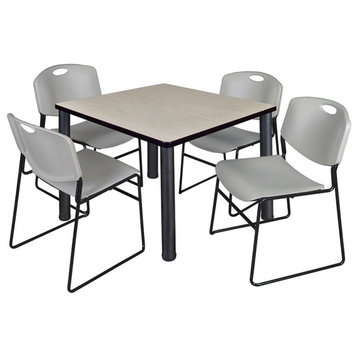 Kee 36" Square Breakroom Table, Maple, Black and 4 Zeng Stack Chairs, Gray