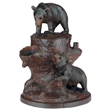 Sculpture MOUNTAIN Lodge Bears Tree Stump Forest Lidded Oxblood Red