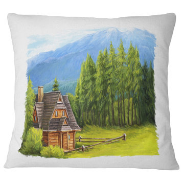 Small Wooden Home in Mountains Landscape Printed Throw Pillow, 16"x16"