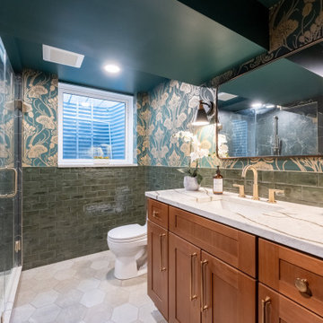 Full Basement Bathroom View with Wallpaper and Natural Light
