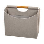 Modern and Sleek Two-Compartment Beige Magazine Storage Bin with Bamboo Handle