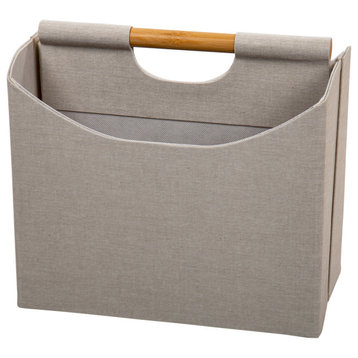Modern and Sleek Two-Compartment Beige Magazine Storage Bin with Bamboo Handle