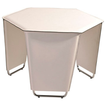 End Table, White Recycled Leather Upholstery, Chrome Legs