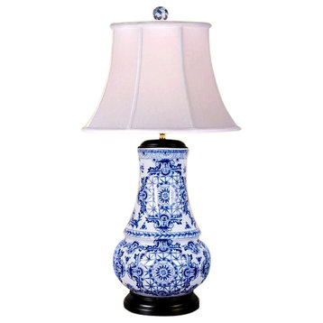 Chinese Blue and White Porcelain Round Vase Round Insignia Table Lamp 30.5"