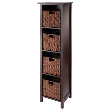 Winsome Milan 5-Piece Solid Wood Storage Shelf with 4 Foldable Baskets in Walnut