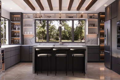 Mid-sized minimalist u-shaped marble floor, beige floor and exposed beam kitchen pantry photo in Other with an integrated sink, flat-panel cabinets, black cabinets, marble countertops, white backsplash, marble backsplash, black appliances, an island and black countertops