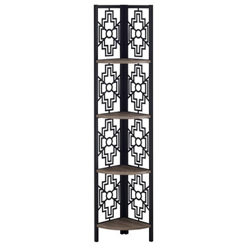 62" Bookcase With 4 Solid Taupe Shelves And Black Metal Corner Etagere