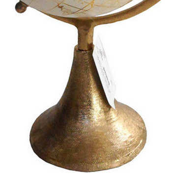 15 Inch Modern Accent Globe, Smooth Turning, White With Gold Aluminum Stand