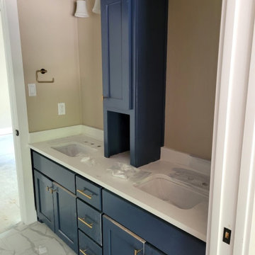 Custom Navy Blue Double Vanity with Countertop Linen Tower