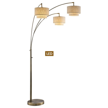 Lumiere III 83" LED Double Shade Arched Floor Lamp With Dimmer, Antique Brass