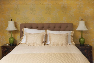 Bedroom - mid-sized farmhouse guest carpeted bedroom idea in New York with yellow walls and no fireplace