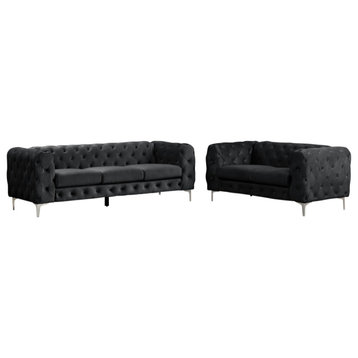 Rebekah 2 Piece Velvet Standard Foam Living Room Set sofa+loveseat, Black Velvet