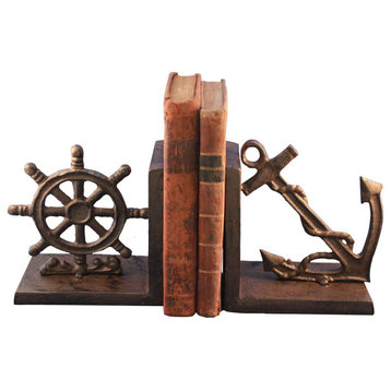 Nautical Anchor and Ship's Wheel Bookends Cast Iron Metal Sculpture