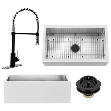 33" Single Bowl Farmhouse Solid Surface Sink and Faucet Kit, Black/Steel