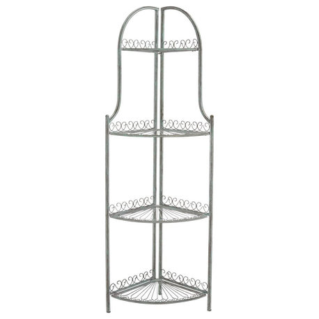 Safavieh Abarrane Wrought Iron 4 Tier Outdoor Corner Shelf Antique Green