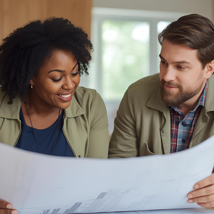 A candid shot of a builder showing plans to a client at a kitchen table or on-site.