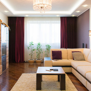 Inspiration for a small traditional open plan home cinema in Moscow with multi-coloured walls and a wall mounted tv.