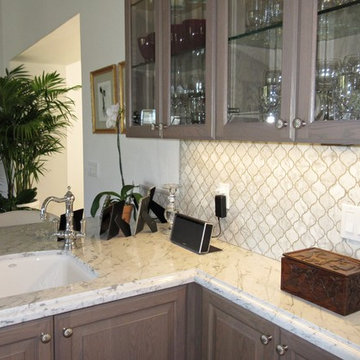 Transitional - Carrera Marble Countertop, Arabesque Backsplash, Oak Cabniets