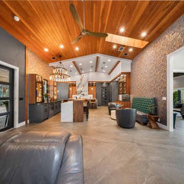 Open Concept Kitchen & Lounge with Vaulted Wood Ceiling
