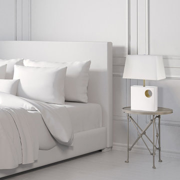 Vera 22" Table Lamp, Glossy White Finish, Gold Accents, White Shade, In-Line On/