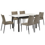 Armen Living - Giana Kash 7 Piece Extendable Dining Set With Faux Leather Chairs - Dine, entertain, or enjoy the company of friends and family with the Giana Kash 5 Piece Extendable Dining Set with Faux Leather Chairs. This set includes 1 Giana extendable dining table and 4 Kash dining chairs. With a slim and streamlined profile, this parsons-style chair brings effortless style and elegance to your home. It is perched upon slender black metal legs to make any room appear open and spacious. It features a tall back with a subtle curve to provide exceptional lumbar support. With a simple and elegant design, our dining room chair focuses on bringing comfort and convenience to your dining table. It can easily transition anywhere from your living space to your home office to provide a comfy seat for everyday functions. This kitchen chair is upholstered in UV and stain-resistant faux leather which does not crack or fade easily to provide easy care and maintenance. The Giana dining table features an extendable a rectangular tabletop, perched upon a crisp black metal base. The tabletop is crafted in Carmen Gray Sintered Stone to offer a luxe appeal with easy maintenance. This tabletop is resistant to etching, scratches, burns, and stains as a sturdy yet elegant alternative to quartz. With a durable construction and versatile appeal, our dining table is perfect for both casual and formal meals in a kitchen, dining room, or living space. The dining table can easily extend to seat up to four to six individuals. The Giana Kash dining set is available in 5 and 7 piece set configurations and features a camren gray sintered stone table top with black base and your choice of taupe gray, brown, or black faux leather upholstery.
