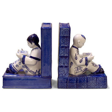 Blue and White Porcelain Reading Boy and Girl Bookends, Blue/White