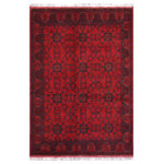 Bareens Designer Rugs - Vintage Biljik Khal Mohammadi Rosanna Wool Rug 5'8" x 7'6" - Elegant Khal Mohammadi rugs made by skilled artisans of Northern Afghanistan using premium quality hand-spun wool and vegetable dyes are an exquisite addition to any decor. Meticulously hand-knotted using the age-old techniques of traditional Turkish or Ghiordes knots, these chic Khal Mohammadi rugs feature intricate designs with a warm color palette of deep reds, dark blues, and luxurious browns. The long-lasting mesmerizing hue in Khal Mohammadi rugs comes from the vegetable dyes made from madder root, indigo, and walnut husks that become more enchanting over time. The Biljilk Khal Mohammadi design showcases stylized floral motifs and a geometric pattern that draws inspiration from nature. The unique weaving style developed by influential rug weaver Khal Mohammad has resulted in rich colors, intricate patterns, and exceptional craftsmanship. Despite the scarcity of specific details about his early life and introduction to the craft, his techniques and designs have made an indelible mark on the world of rug craftsmanship, making these rugs a testament to his unparalleled skill and innovation. The intricate design and the dark hues exude an aura of dreamy serenity and undeniable luxury that will elevate the ambiance of any room.
