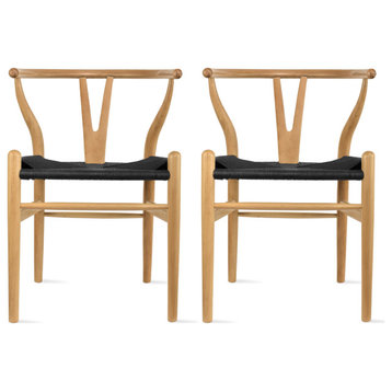 Solid Wood Dining Chairs With Open Y Back For Kitchen Assembled Chair, Set of 2, Natural