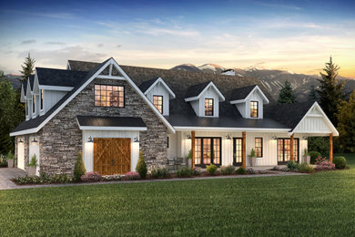 Large country white two-story concrete exterior home photo in Denver with a shingle roof